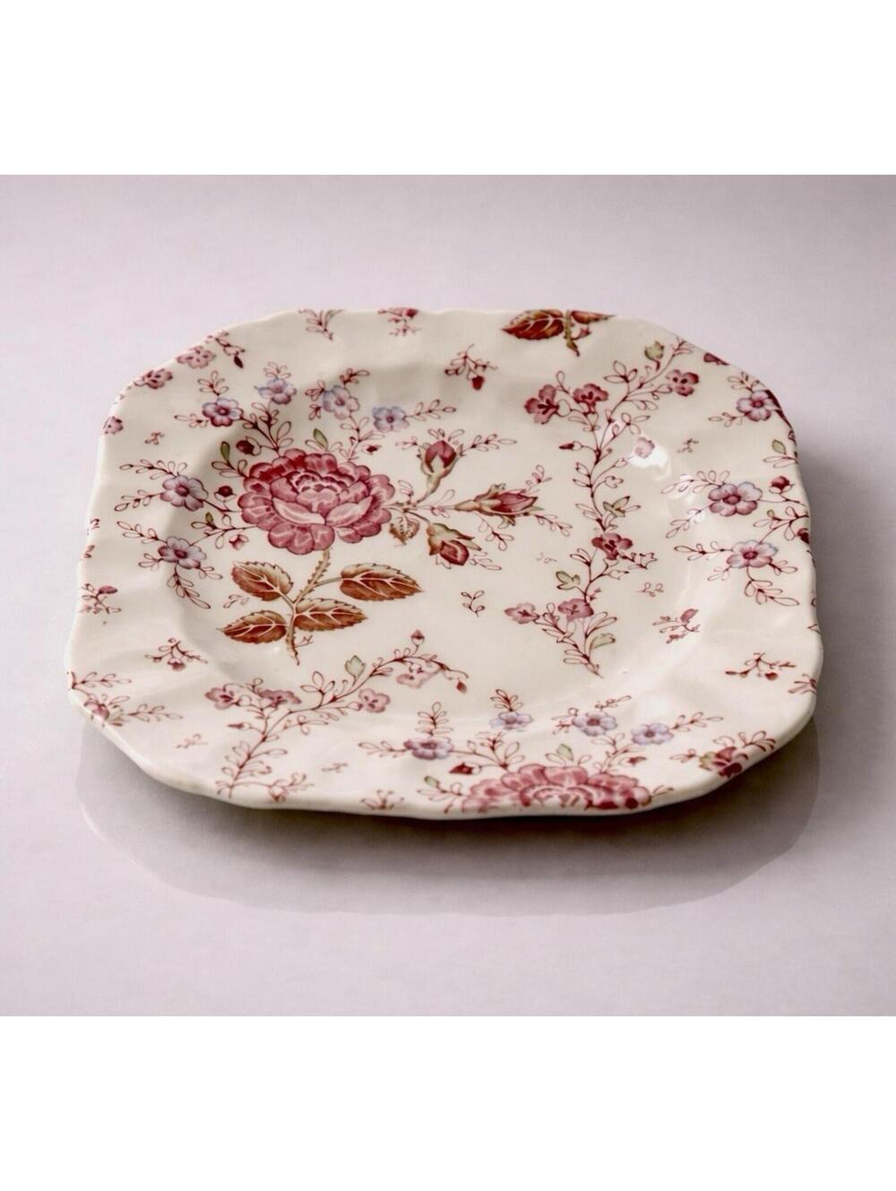 Johnson Brothers 1950s Rose Chintz Pink Ironstone Square Salad Plate, 7.75”
